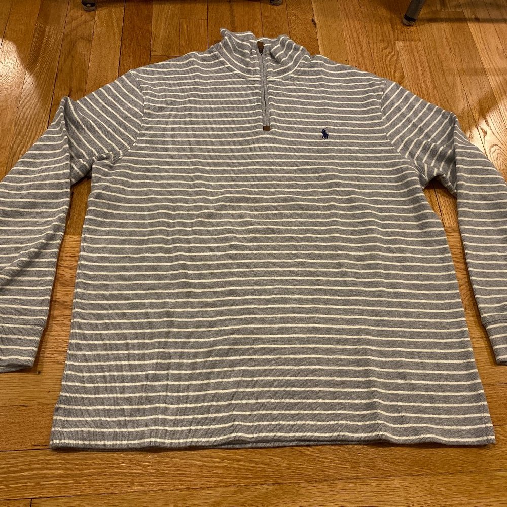Polo by Ralph Lauren Striped Grey & White 1/4 Zip Pullover Sweater - Size XL